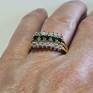 Vintage EDCO Gold Electroplated Cocktail Ring Green Clear Rhinestones Size 6